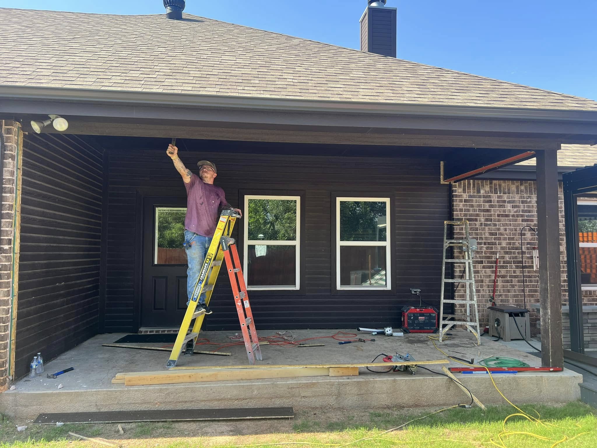 Exterior project underway on a covered patio