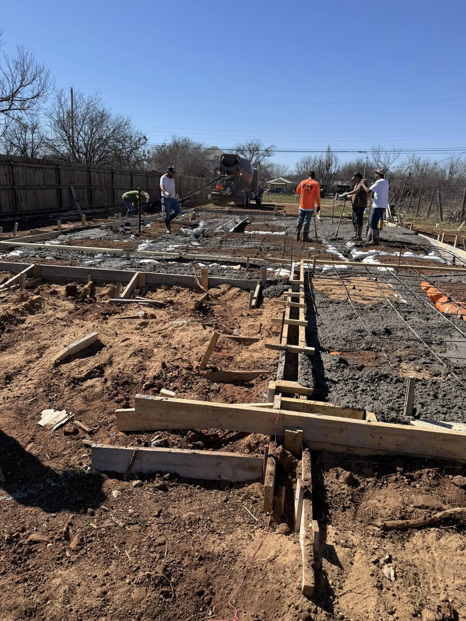 Foundation forms and reinforcement laid out on a residential site